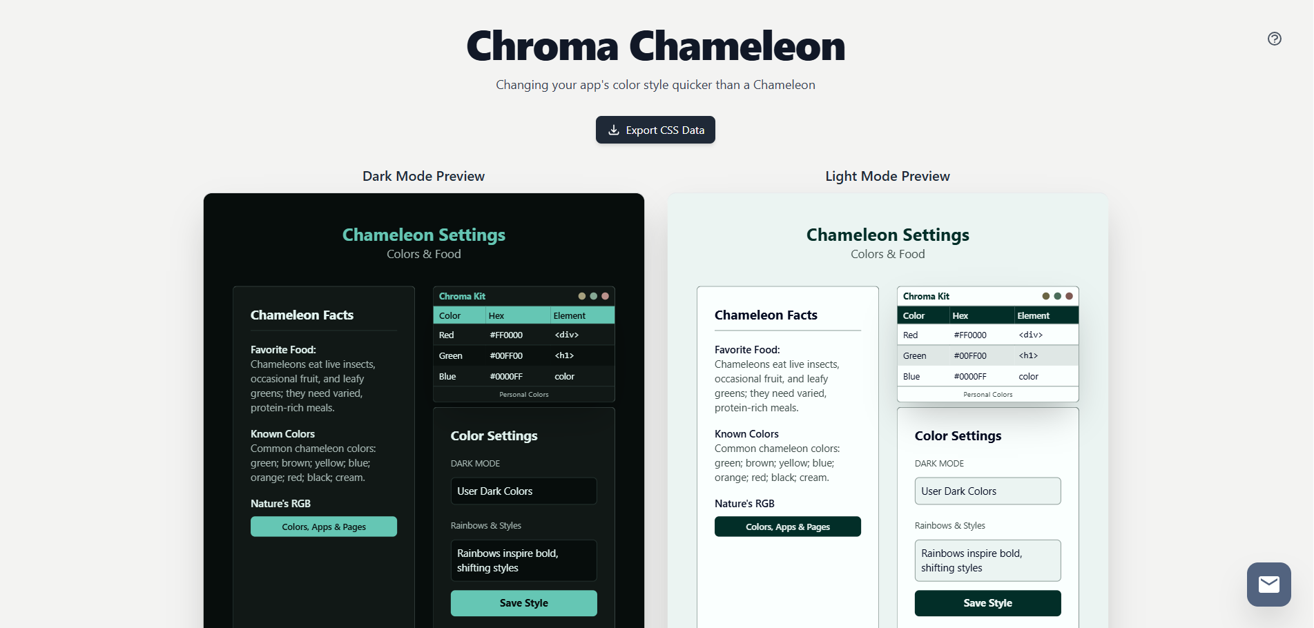 Chroma Chameleon Preview - Screenshot showing light and dark mode side-by-side theme editor interface with live color controls